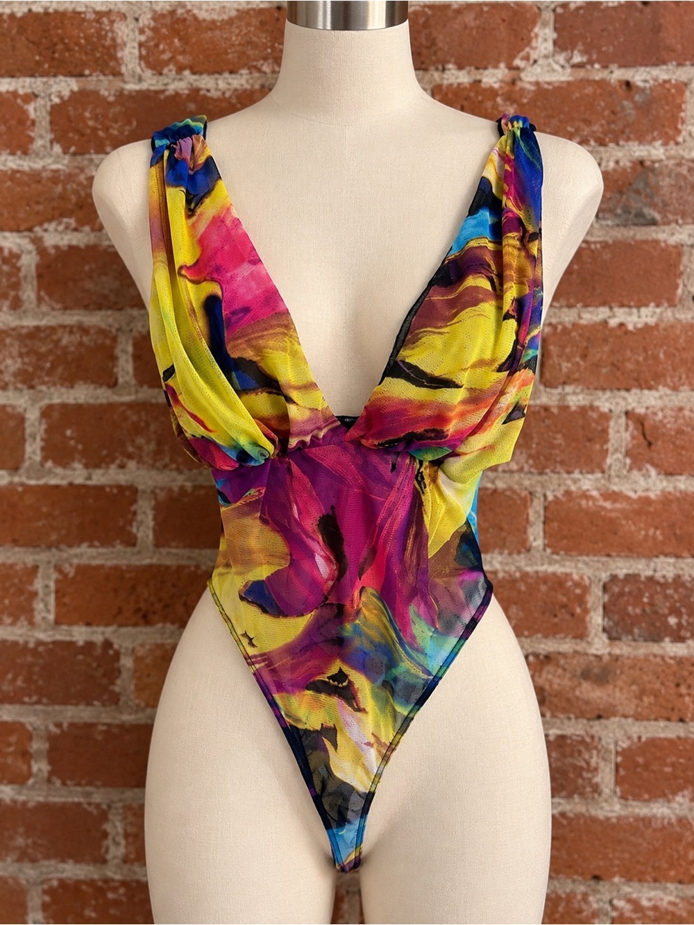 Fashion Nova Multicolor Abstract Print Sheer Mesh Bodysuit